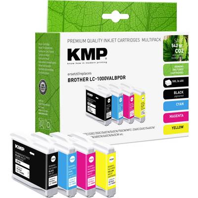 'KMP bläckpatroner multipack' kompatibel med Brother LC-1000VALBPDR, innehåller svart, cyan, magenta, gul, vilket minskar CO2 med 542g.