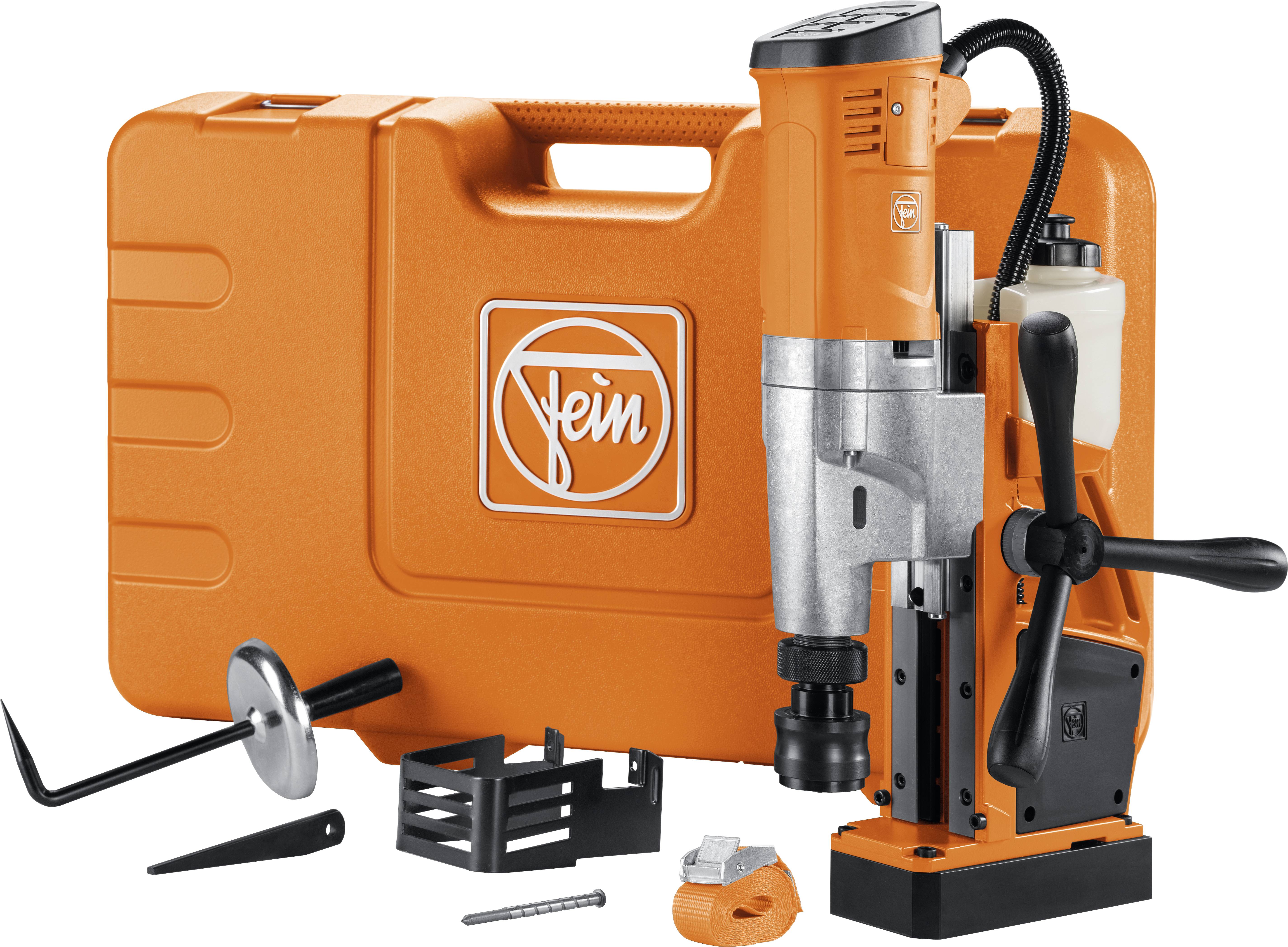 Bärbar magnetisk kärnborr med väska och tillbehör från Fein i orange. Perfekt för precisionsborrning i metall.