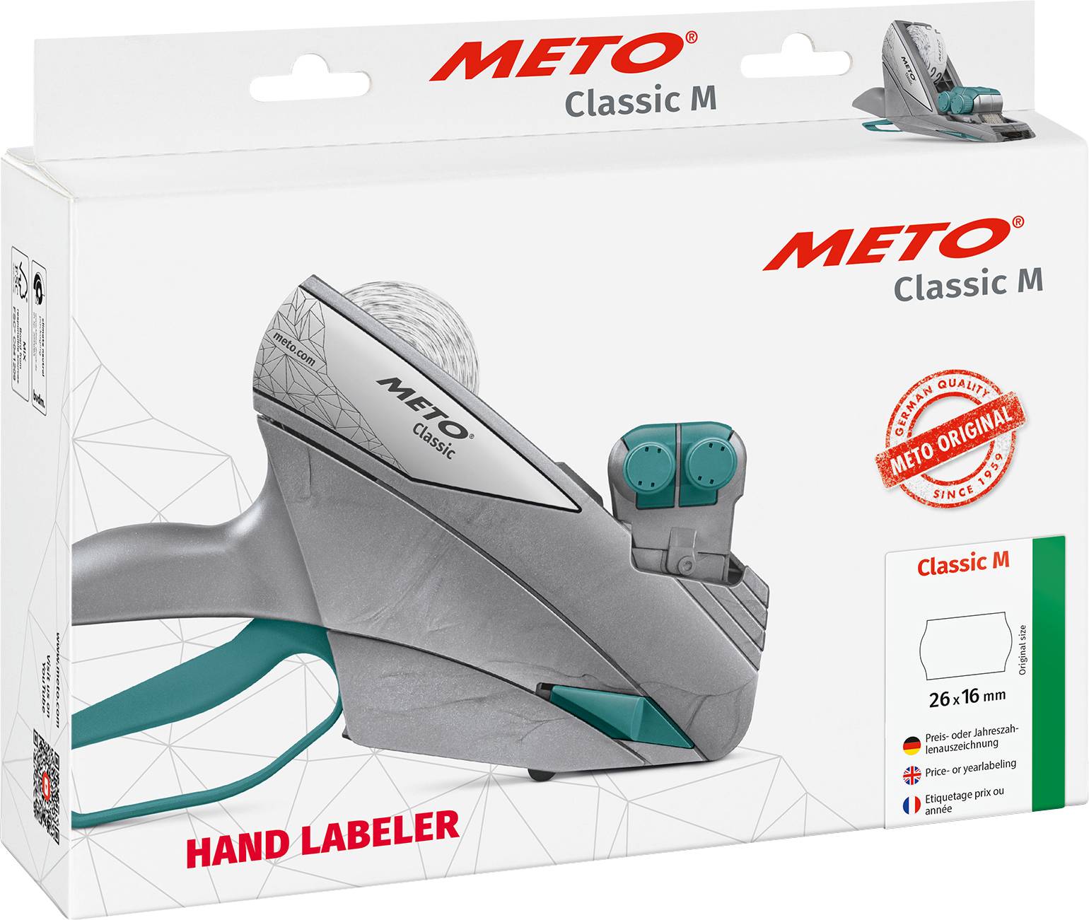 METO Classic M märkningsetiketterare avbildad på förpackningen, med hjälp av enheten kan etiketter på 26 x 16 mm skrivas ut.