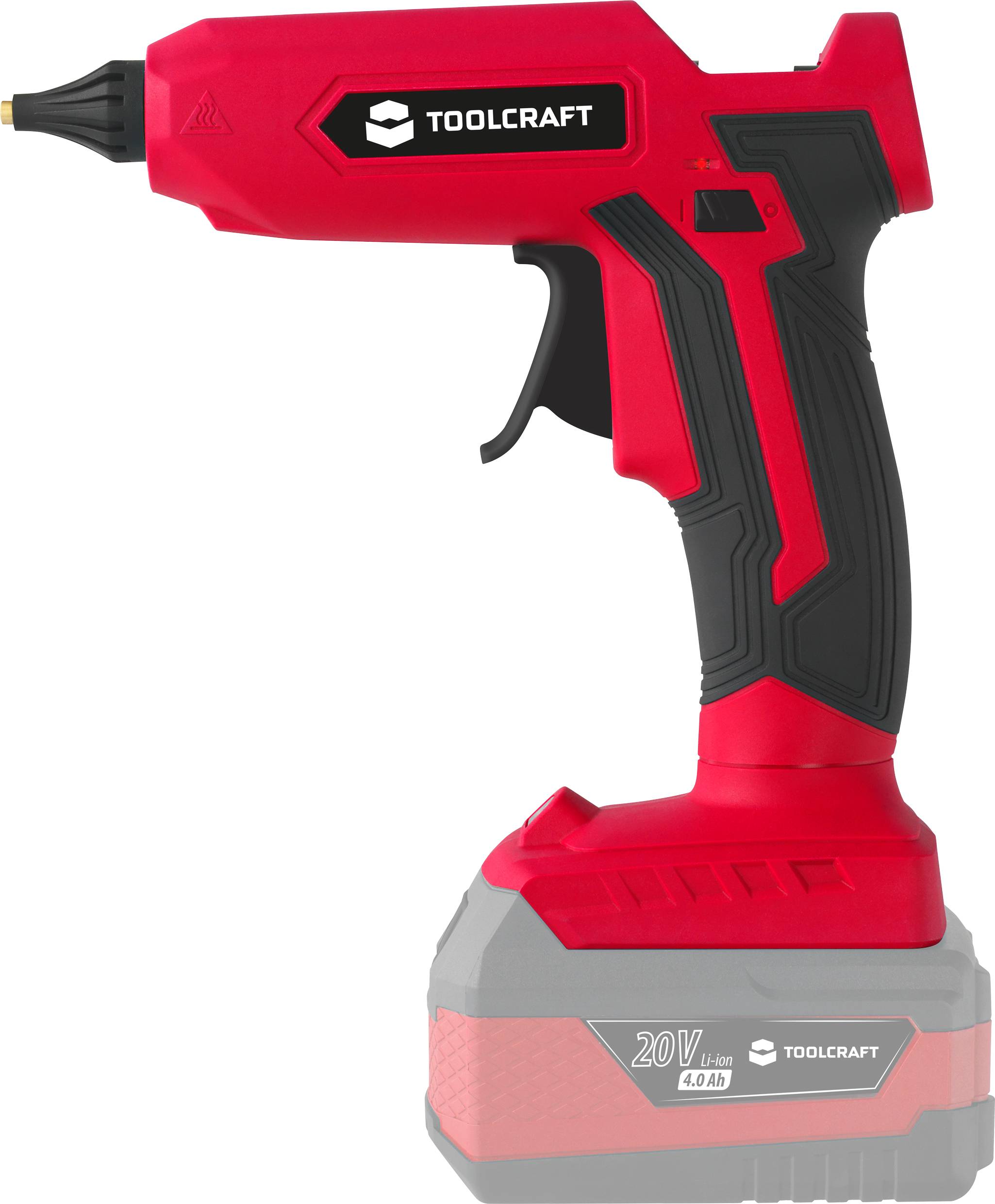 Sladdlös skruvdragare i rött och svart med 'Toolcraft' logotyp, 20V batterimätare.