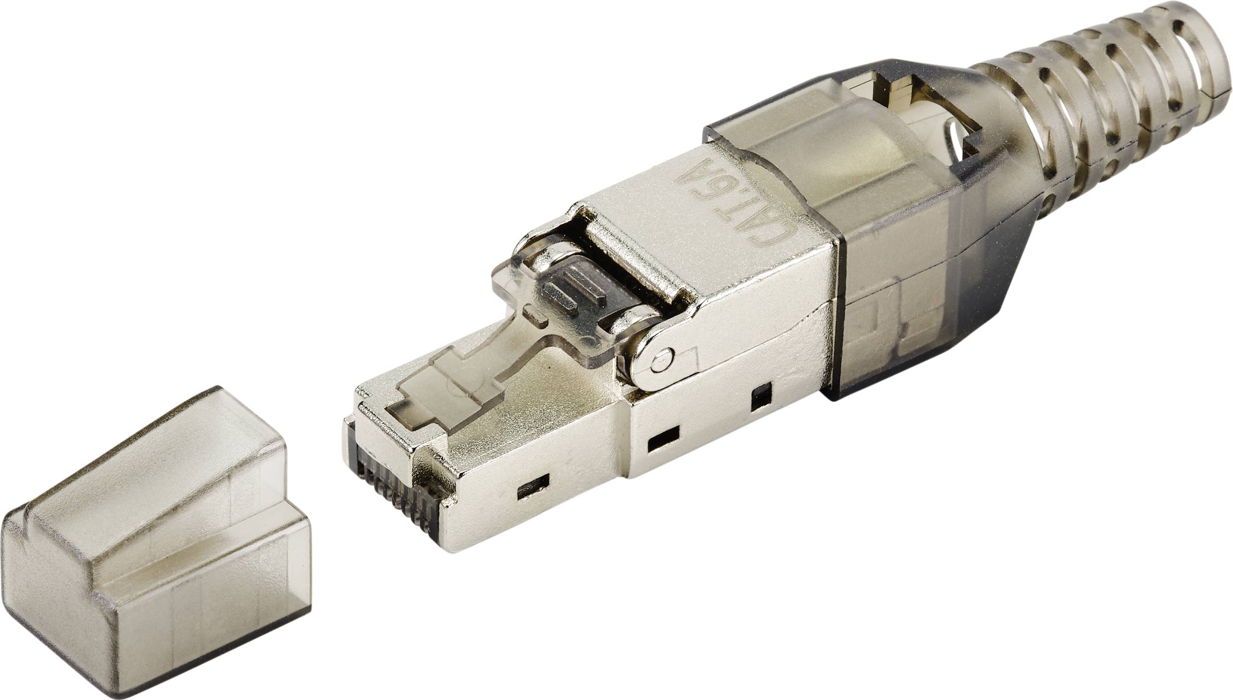 RJ45-kontakt med avtagbar kåpa, lämplig för Ethernet-nätverk, visar metallhölje och anslutningskontakter.