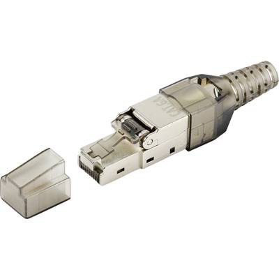 RJ45-kontakt med avtagbar kåpa, lämplig för Ethernet-nätverk, visar metallhölje och anslutningskontakter.