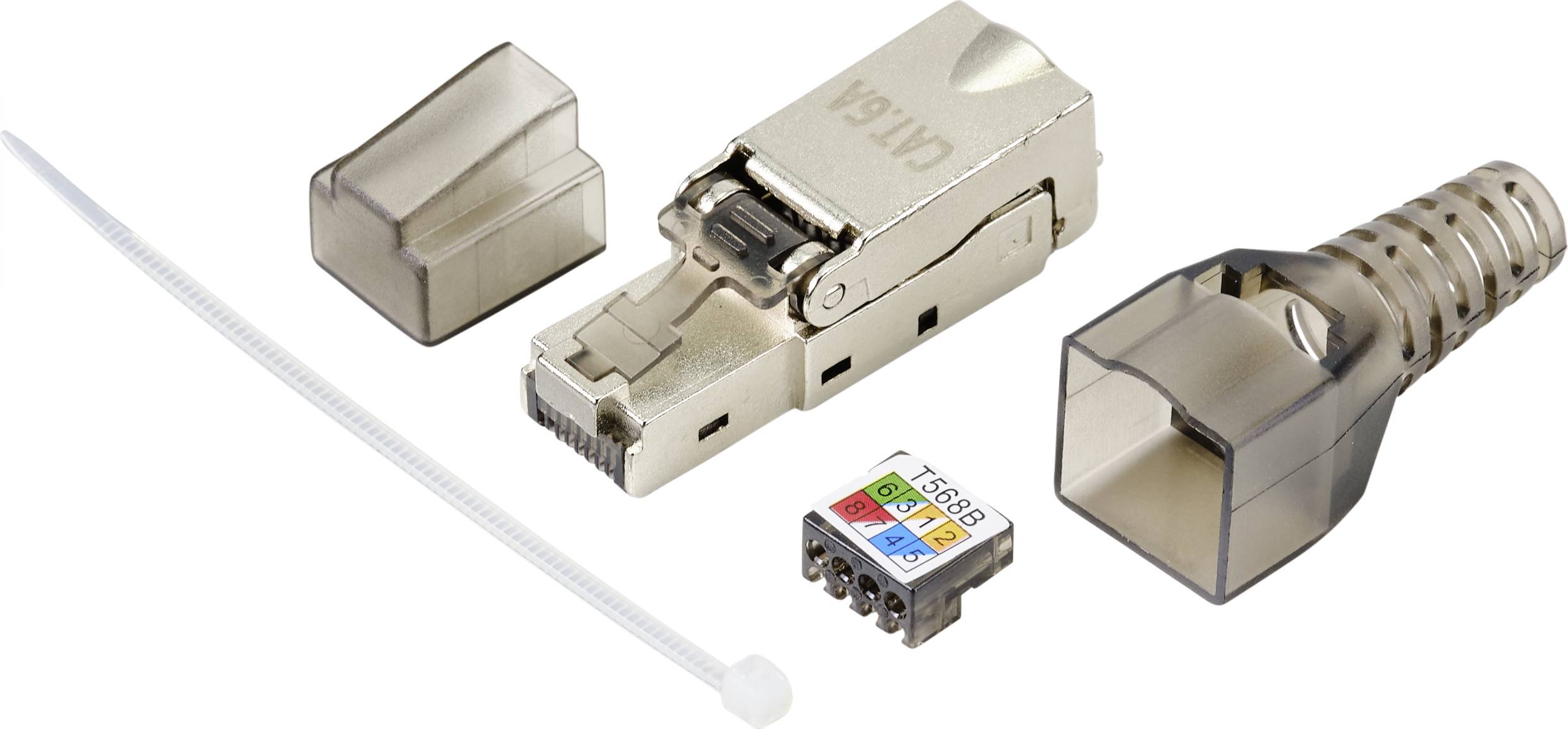 Kontaktsats för nätverkskabel: Innehåller RJ45-kontakt, kabelband, hölje och färgblock för kabeldragning.