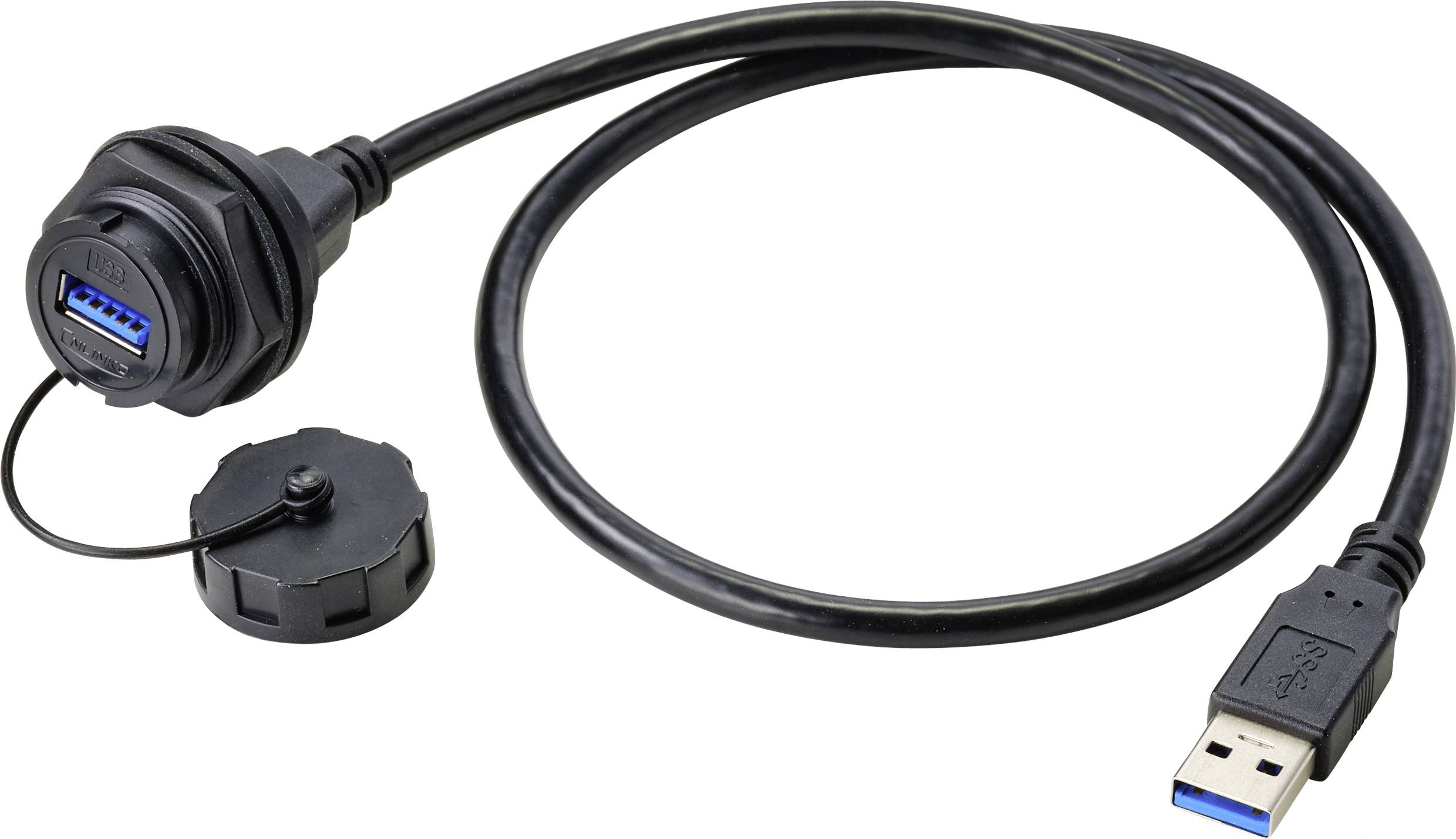 En vattentät USB 3.0-port med avtagbart skyddslock och anslutningskabel.