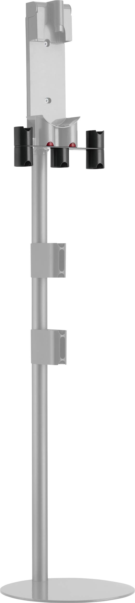 Ett metalliskt stativ med fästen på olika höjder, lämpligt för montering av enheter eller tillbehör, placerat på en rund bas.