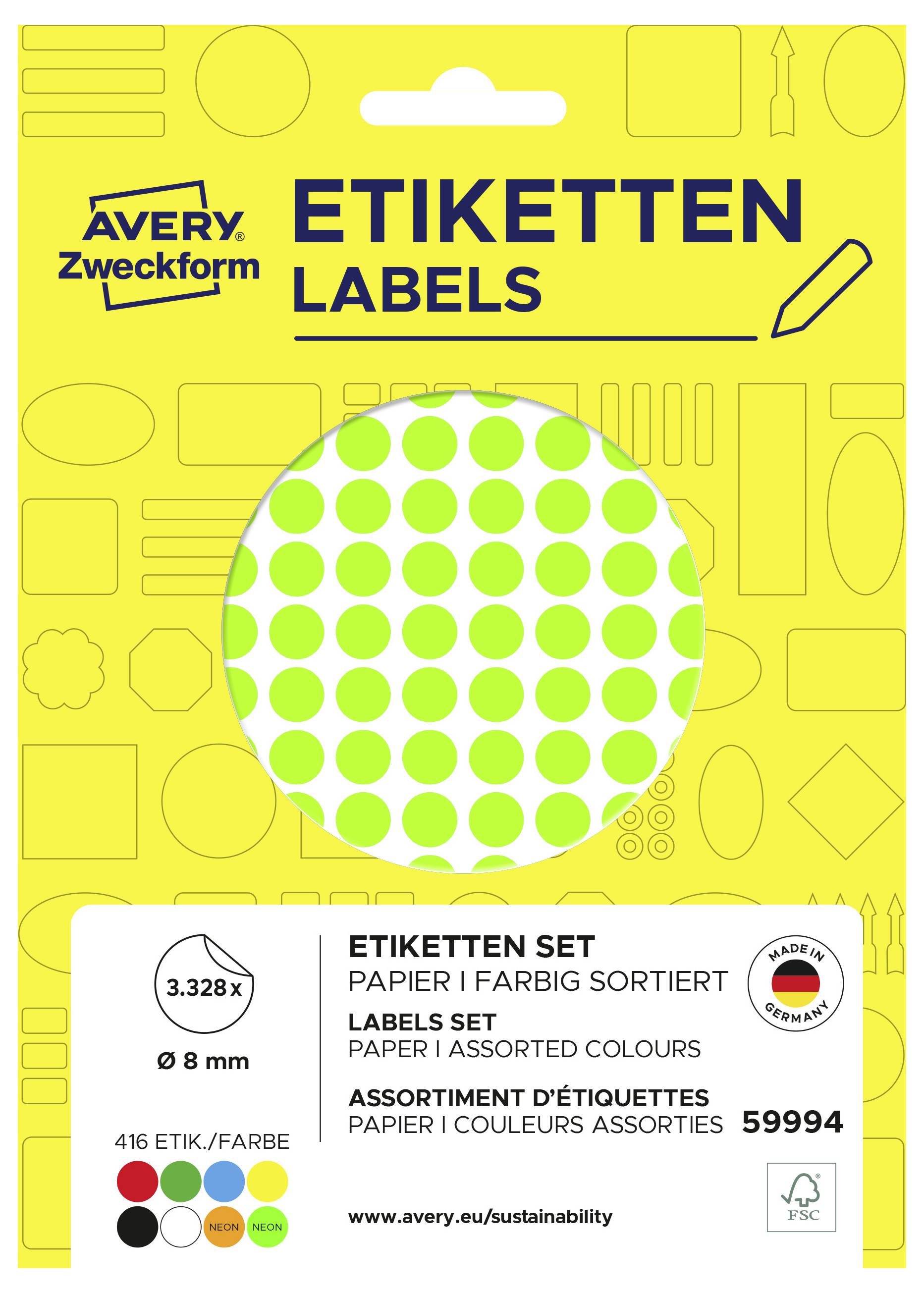 Avery Zweckform etikettpaket med ljusgul försättspärm, stor grön prickig cirkel och produktdetaljer inklusive sorterade pappersetiketter, 416 etiketter per färg, 8 mm, och produktnummer 59994.
