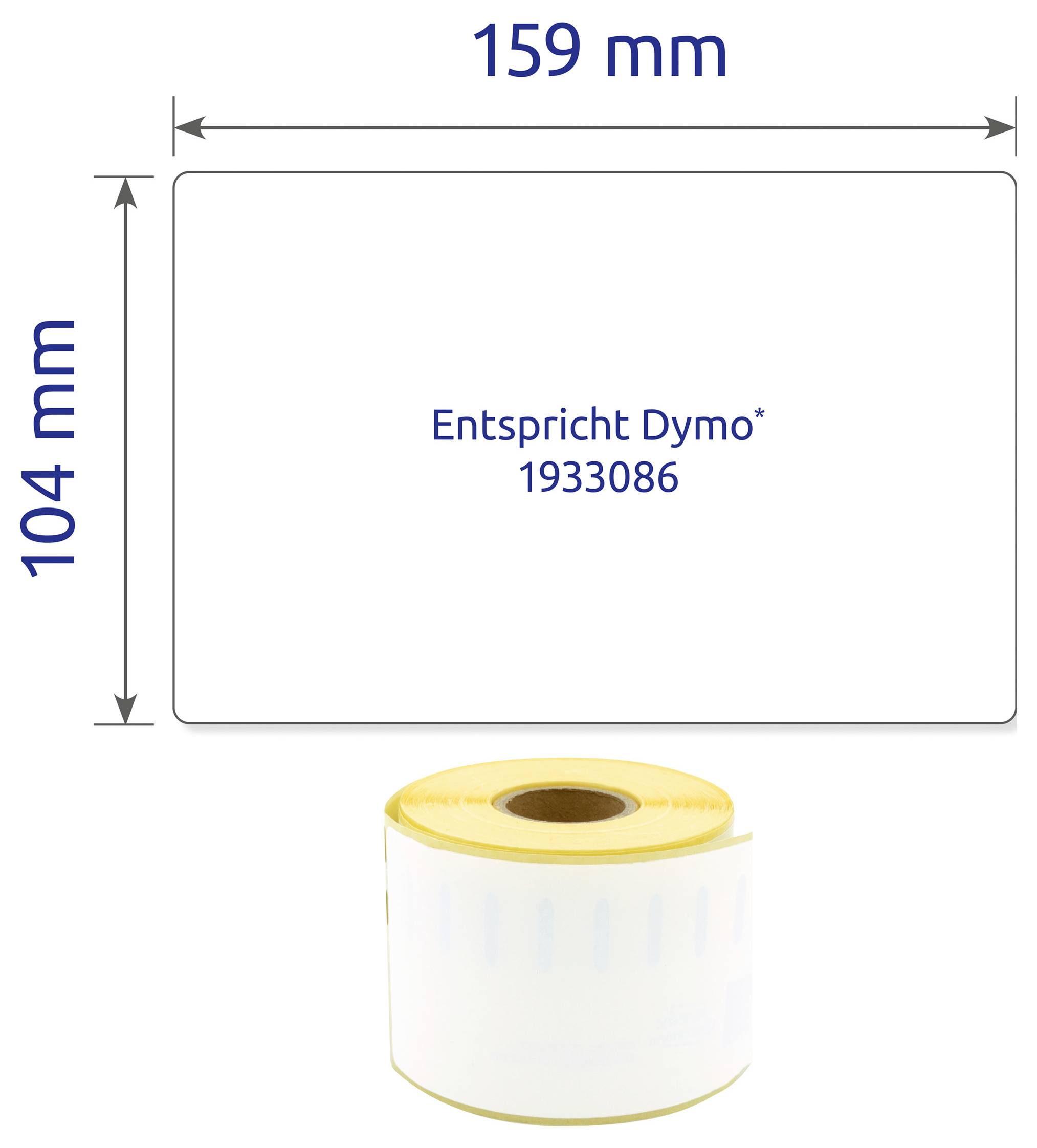 Målskiss för en etikett 159 x 104 mm med anmärkning 'Motsvarar Dymo* 1933086' och illustration av en etikettrulle nedan.