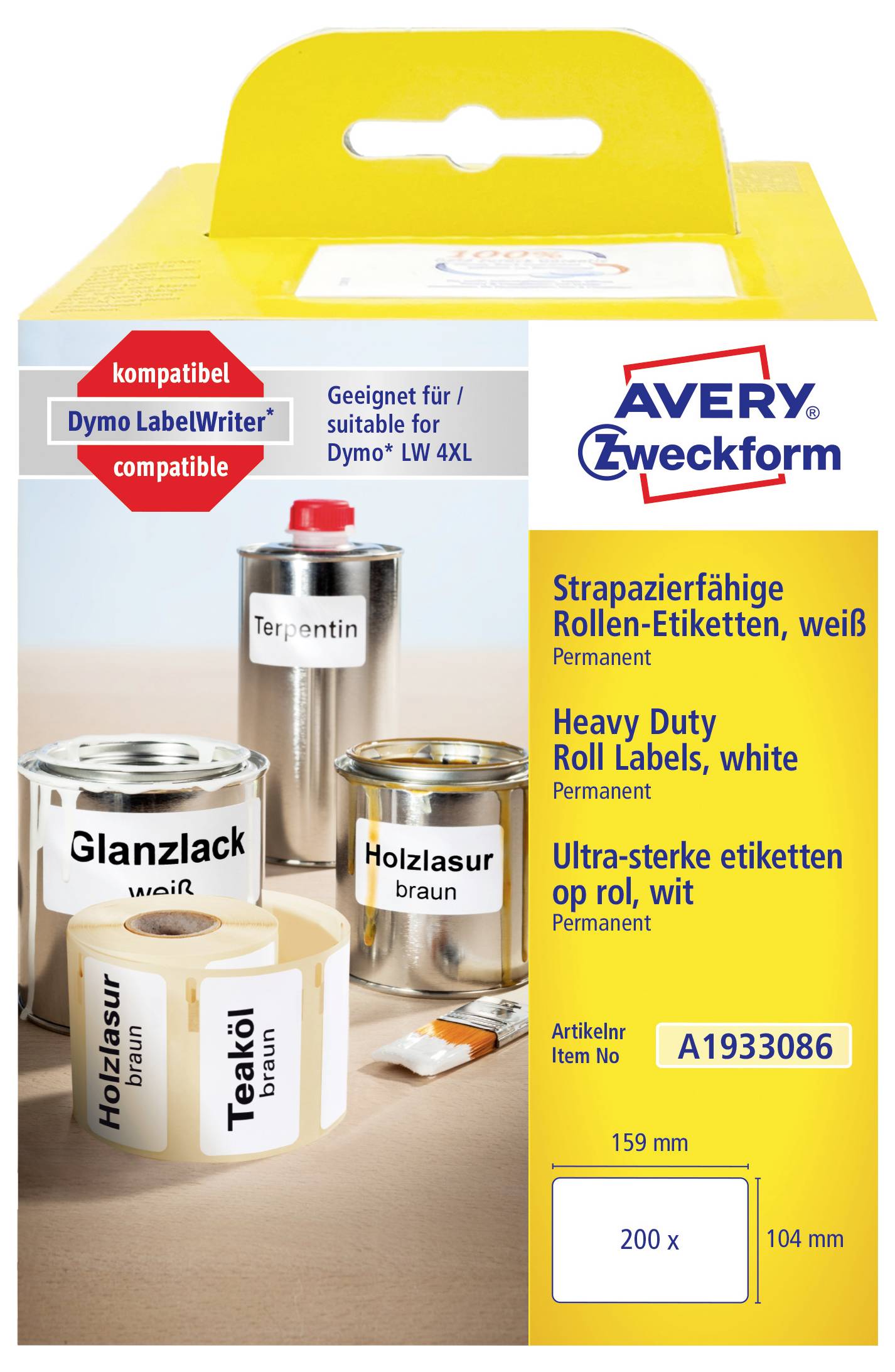 Avery Zweckform skärhållfasta rulletiketter, paket, vita permanenta etiketter, 200 x 159 mm, artikelnummer A193086, kompatibel med Dymo LabelWriter/Dymo LW4XL.