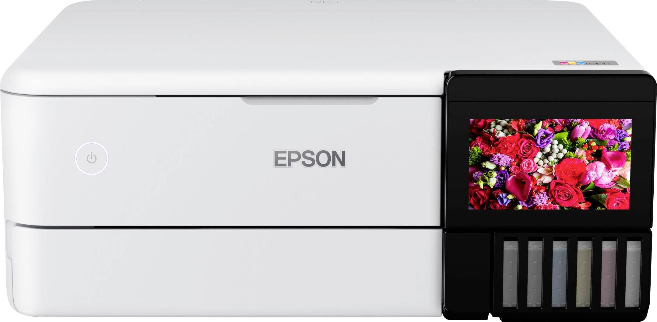 Vit skrivare med pekskärm till höger, visar en bild av röda och rosa blommor. Varumärket 'Epson' i mitten.