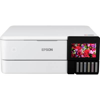Vit skrivare med pekskärm till höger, visar en bild av röda och rosa blommor. Varumärket 'Epson' i mitten.