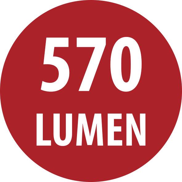 Röd cirkulär etikett med vit text som läser "570" ovanför "LUMEN".