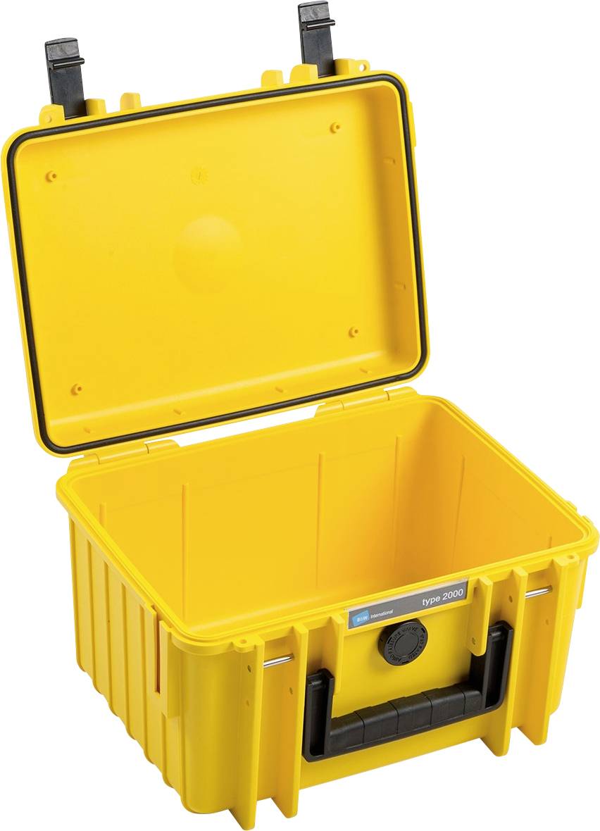 Gul plastlåda med öppet lock, bärhandtag och låsningar. Perfekt för säker transport och förvaring av verktyg.