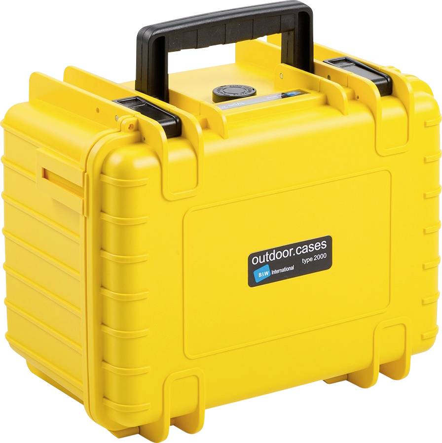 Gul outdoor-väska med robust design och svart handtag. Klistermärke med texten 'outdoor.cases typ 2000' på framsidan.
