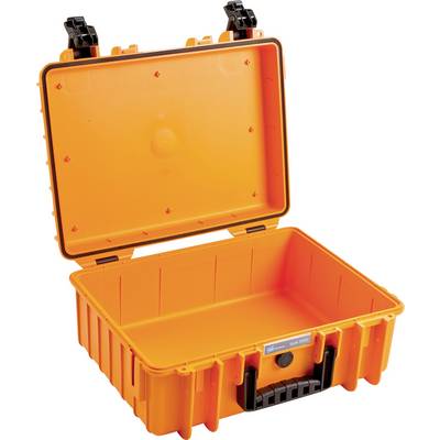Orange, tom skyddsväska med öppnat lock och svart handtag, lämplig för förvaring eller transport av ömtåliga föremål.