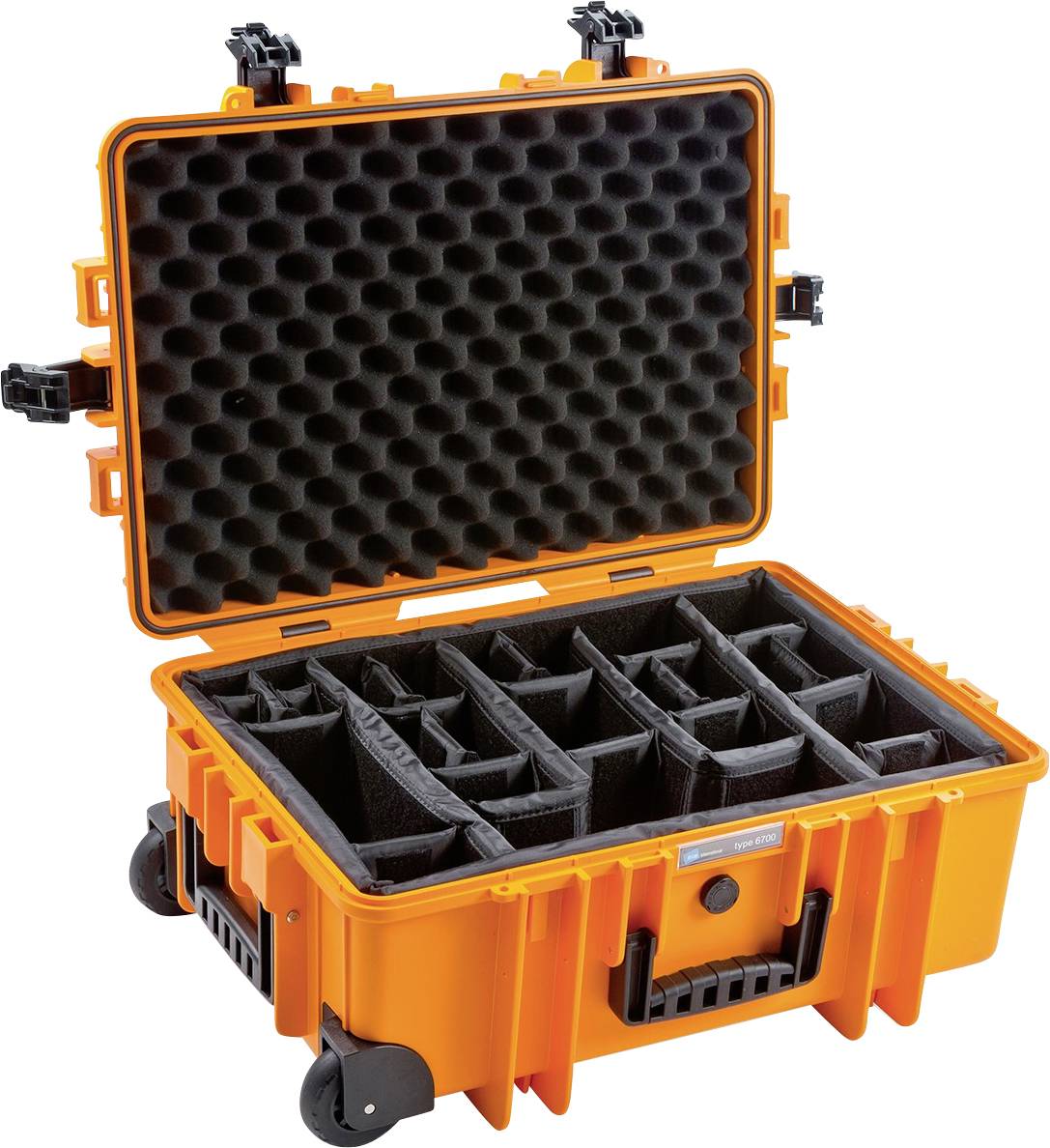 Ortlieb-Hardcase av orangefärgad hårdplast med öppet lock, visar vadderade, justerbara fack för säker transport.
