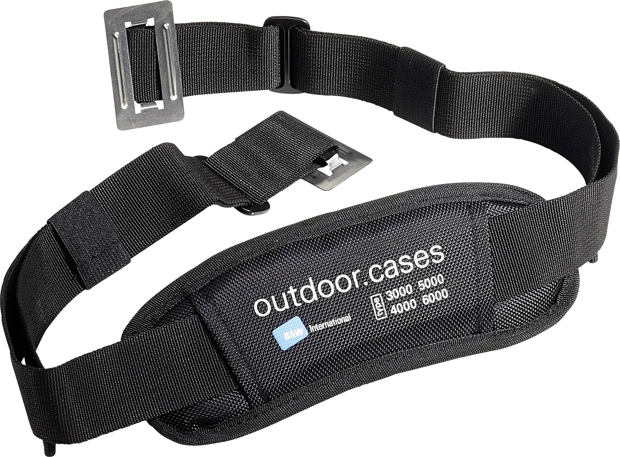 Svart, justerbar axelrem med vaddering, märkt med 'outdoor.cases' och produktnummer, lämplig för väskbärande.
