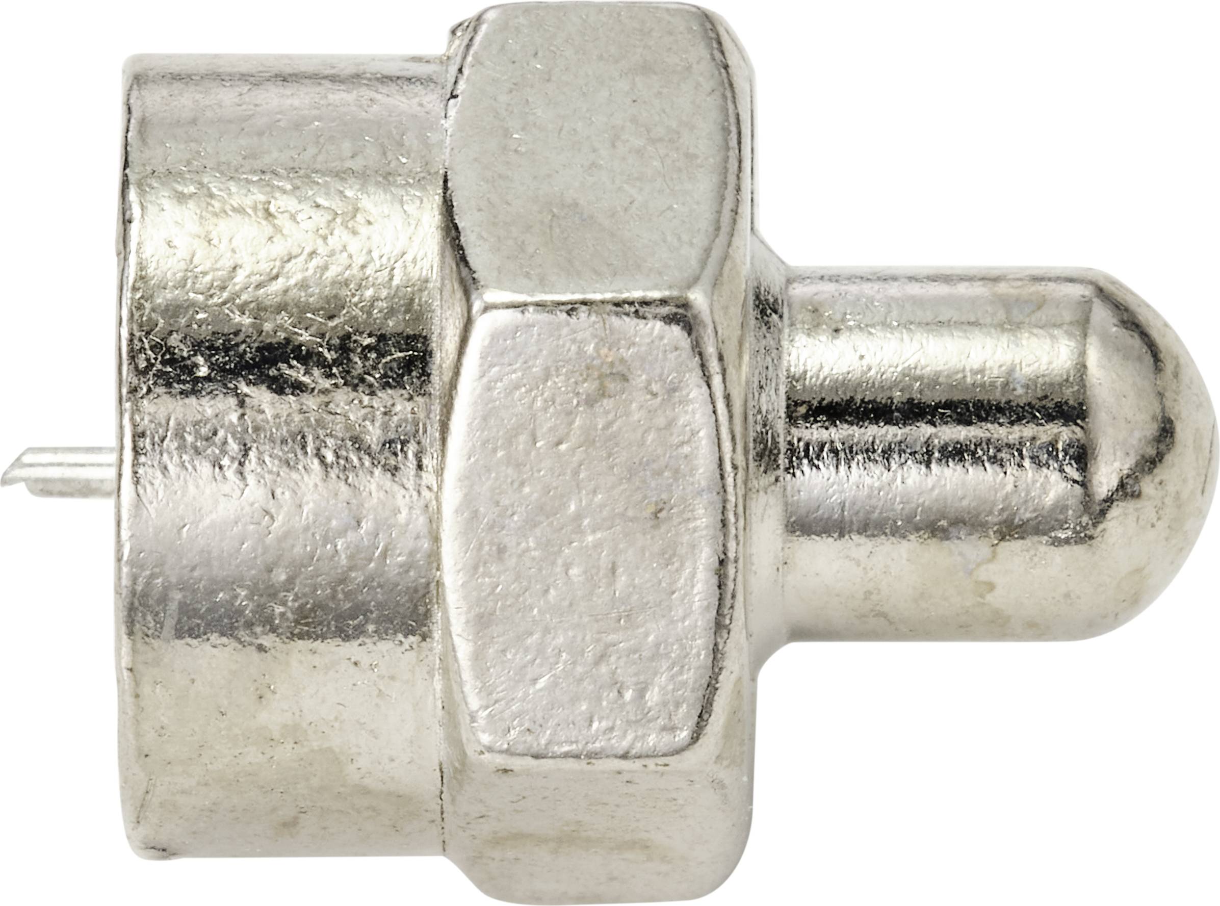 En silvermetallisk bricka med sexkantig form och en liten utstickande pinne på sidan.