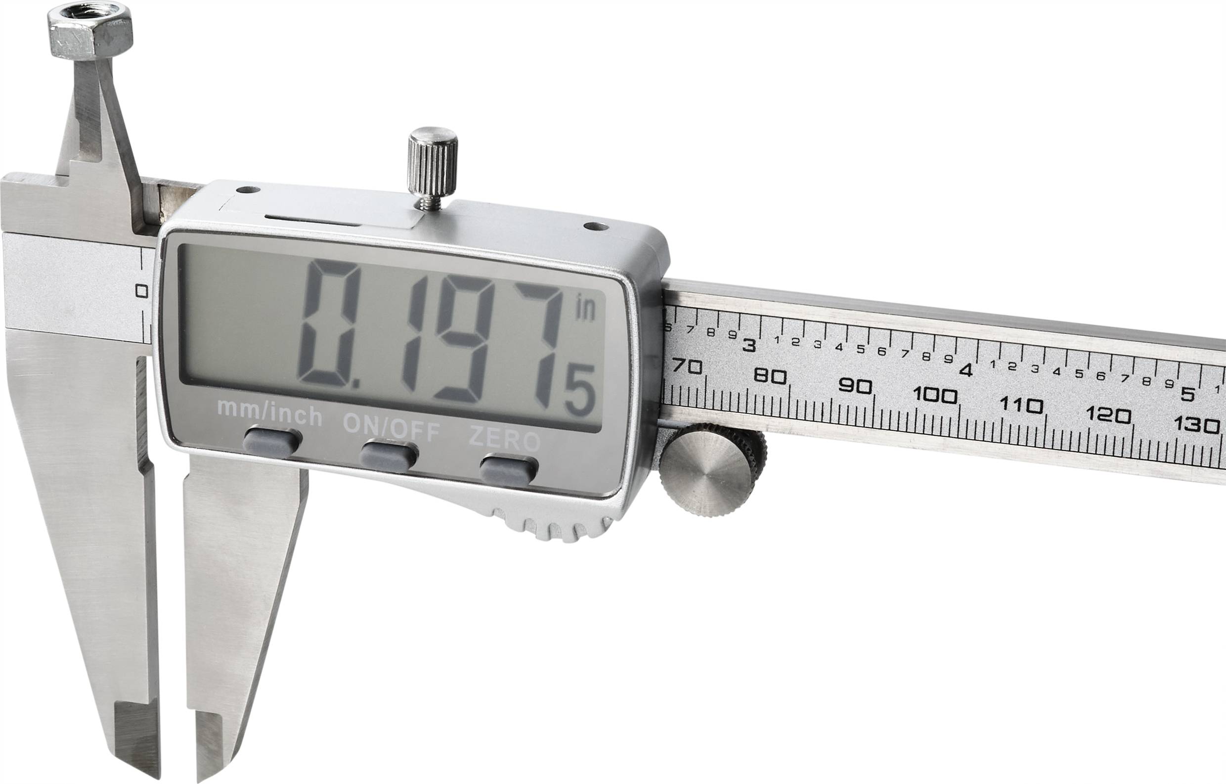 Digital skjutmått visar en mätning på 0,197 tum. Display i förgrunden, skala och käftar synliga till vänster.