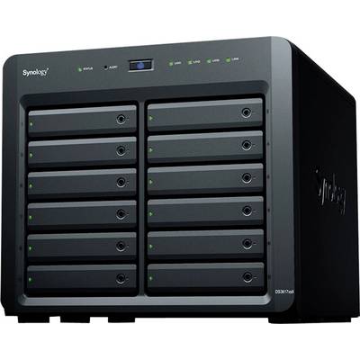 Ett svart Synology NAS-enheter med 12 hårddiskplatser för nätverkslagringslösningar för företag eller hemmabruk.