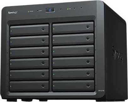En svart Synology NAS-server med tolv hårddiskplatser. LED-indikatorerna visar driftstatusen.