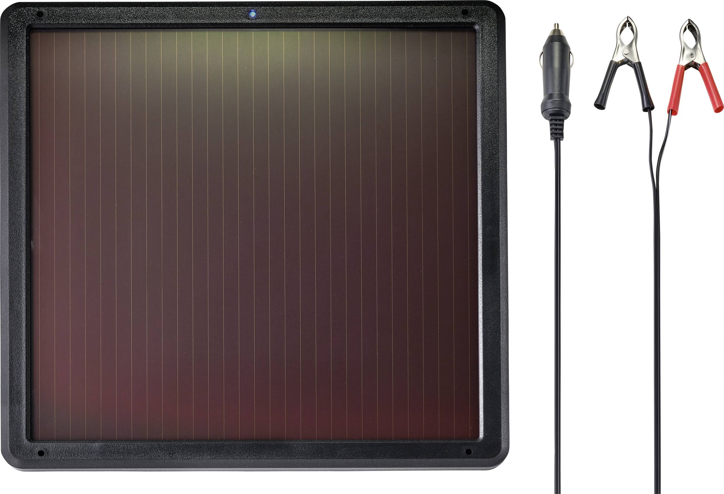 Kvadratisk solpanel med svart ram, bredvid en kabel med krokodilklämmor och en kontakt.