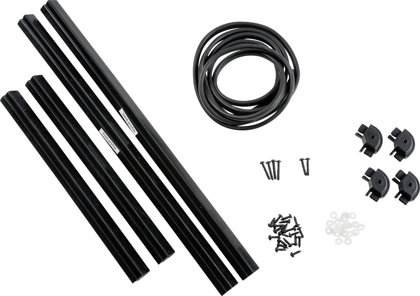 Set med svarta stänger, slangar, skruvar och plastdelar. Tillbehör sannolikt avsett för montage- eller reparationsändamål.