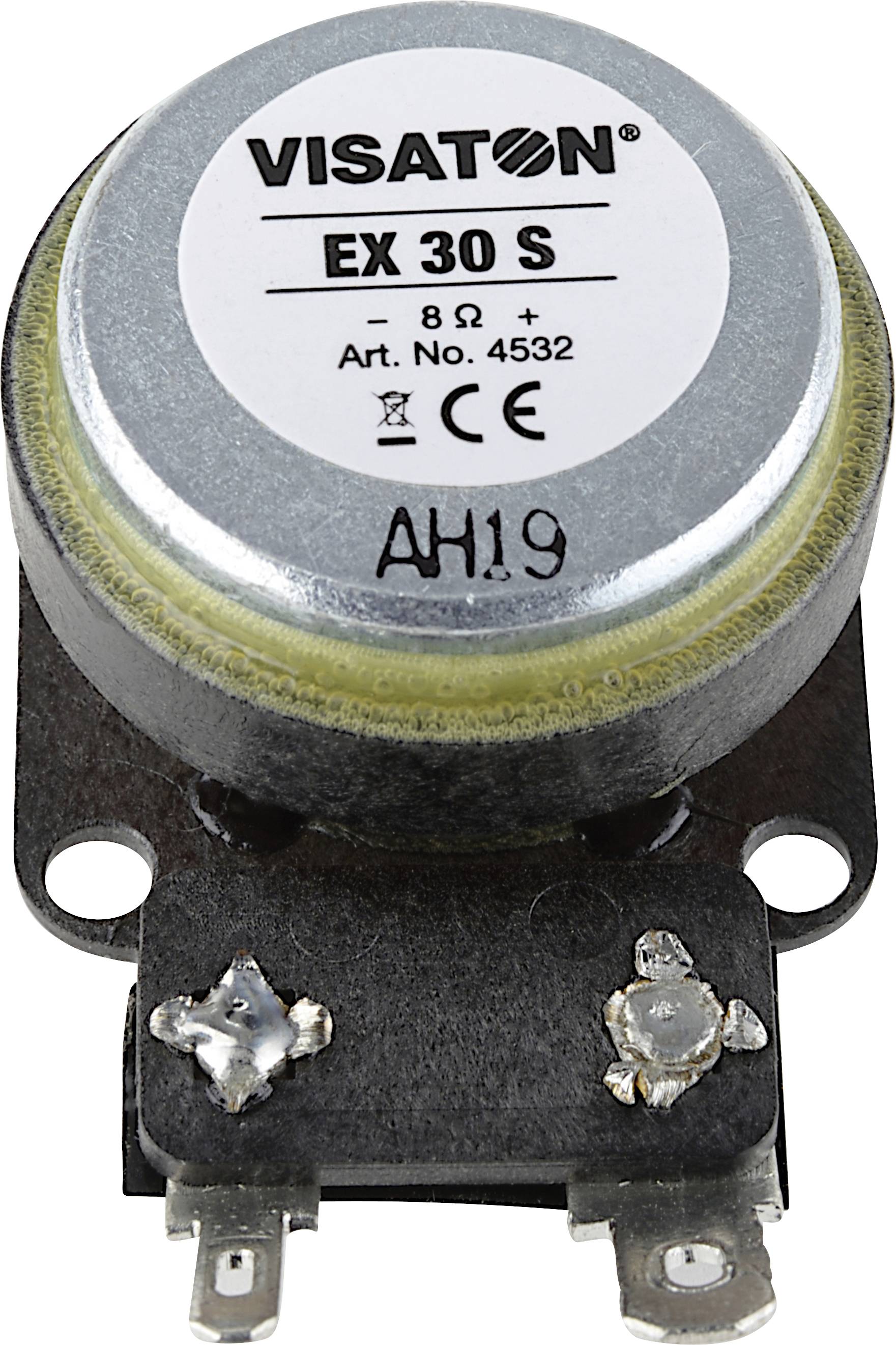 'Visaton EX 30 S' platt högtalare med 8 ohm och artikelnummer 4532, silver hölje, sedd ovanifrån.