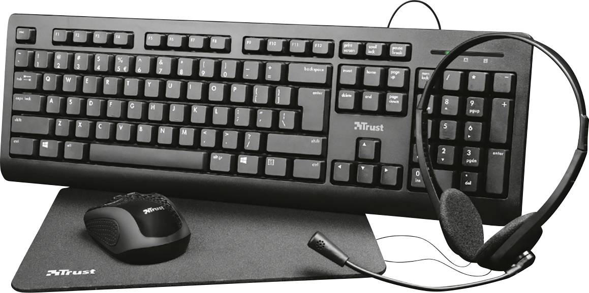 Trust PRIMO 4-IN-1 HOME OFFICE SET Tangentbord, mus-set Trådlös, Sladd, USB Tyska, QWERTZ Svart