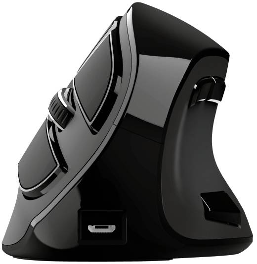 Svart, vertikal ergonomisk mus med scrollhjul och tumknappar, visar USB-anslutning.