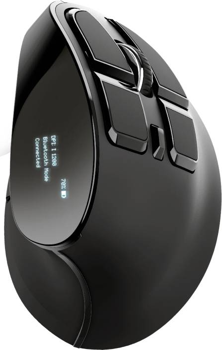Svart ergonomisk mus med flera knappar, upplyst scrollhjul och en digital display på sidan som visar DPI-inställningar.