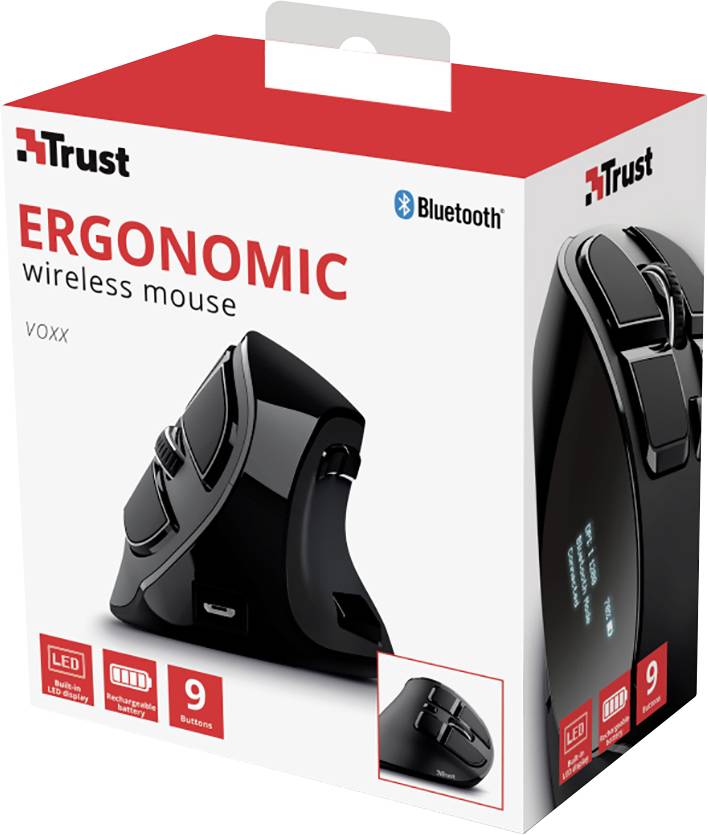 En svart ergonomisk trådlös mus från Trust i förpackningen. Musen har nio knappar och stöder Bluetooth.