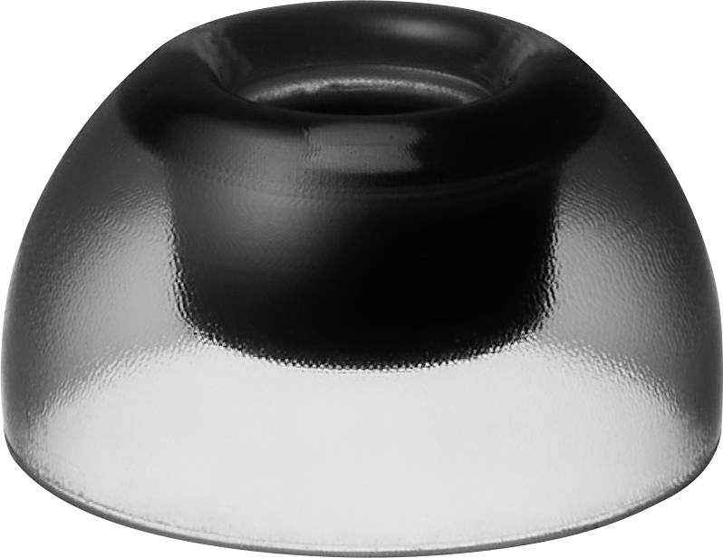 En svart rund gummibuffert med slät, lätt glänsande yta. Används för vibrationsdämpning eller som skyddande stötdämpare.