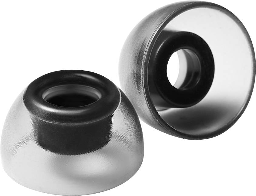 Två transparenta gummiöverdrag för hörlurar på vit bakgrund. De är halvsfäriska med en svart innerring.