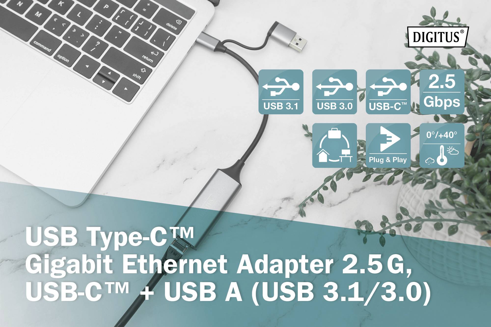 USB Type-C™ Gigabit Ethernet-adapter 2,5G, USB-C™ + USB A (USB 3.1/3.0) med symboler för hastighet, kompatibilitet och temperaturintervall.