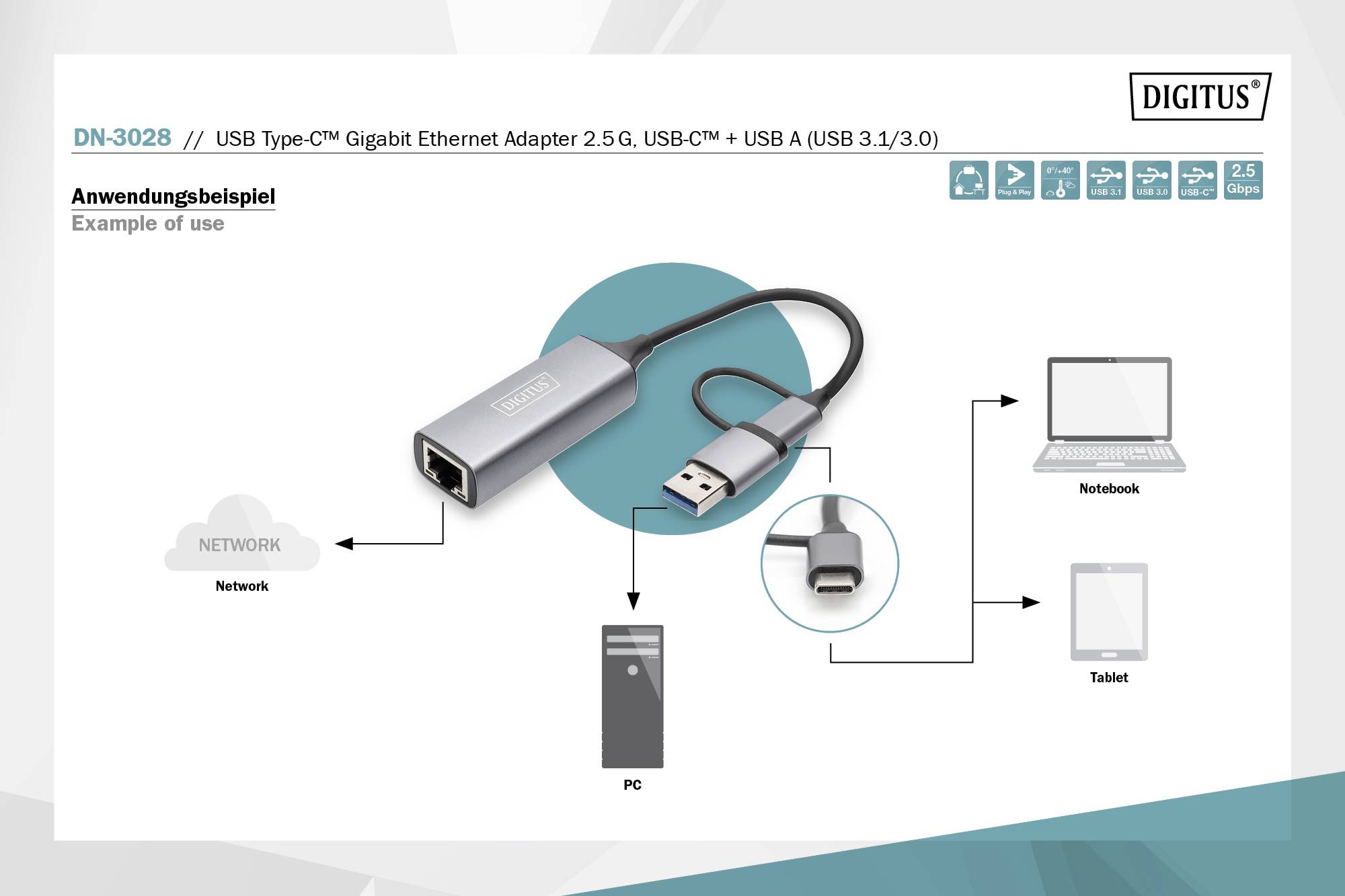 Diagrammet visar en Digitus USB Typ-C Gigabit Ethernet-adapter. Anslutning av nätverk till bärbar dator, PC och surfplatta via USB och Ethernet.