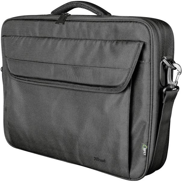 Svart laptopväska med axelrem och stort frontalt dragkedjeförvar, lämplig för säker transport av bärbara datorer.
