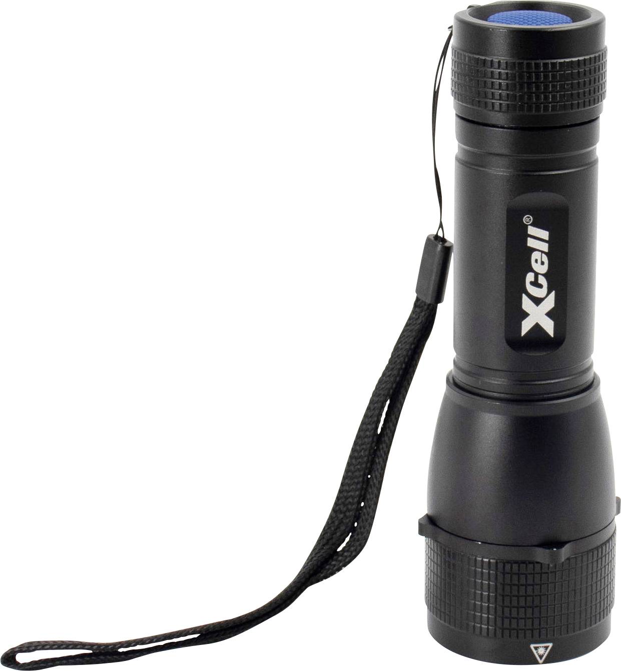 Svart ficklampa med blå knapp och handleddsrem, logotyp på sidan 'XCell'.