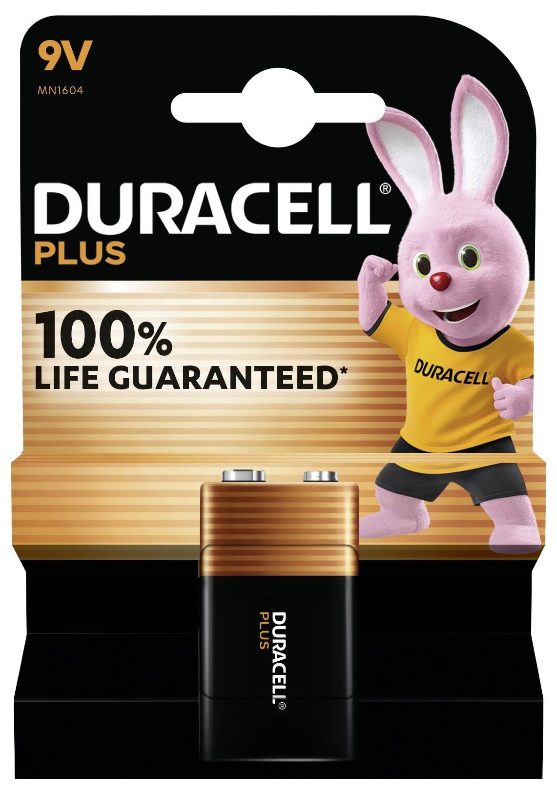 Paket Duracell Plus 9V-batteri med deras maskot, en rosa kanin, som marknadsför "100% livslängd garanterad".