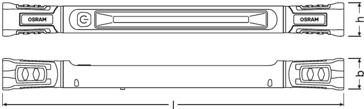 Teckning av en LED-armatur från OSRAM, visar sido- och frontvy, som illustrerar form och monteringspunkter.