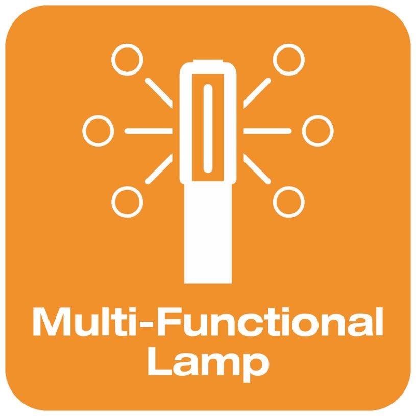 En stiliserad lampa på orange bakgrund, omgiven av abstraherade ljusstrålar. Text nedanför: 'Mångfunktionell lampa'.