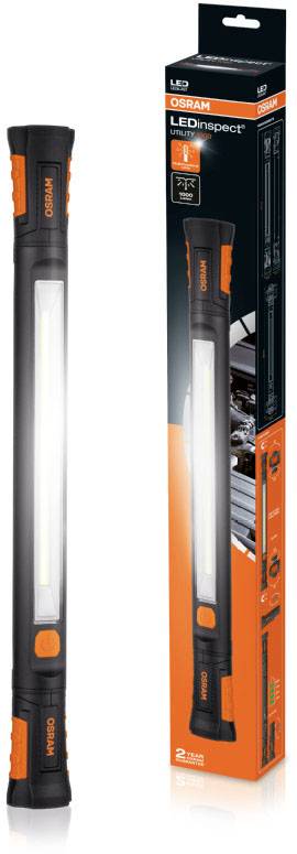 En smal LED-arbetslampa med orangea handtag, bredvid dess matchande förpackning från Osram, som visar detaljer och funktioner.