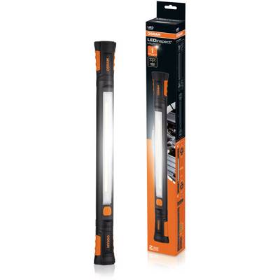 En smal LED-arbetslampa med orangea handtag, bredvid dess matchande förpackning från Osram, som visar detaljer och funktioner.