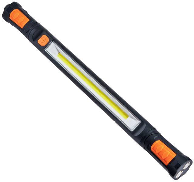 En bärbar LED-lampa i stavform med svarta och orangea accenter, lämplig för verkstäder eller nödsituationer.