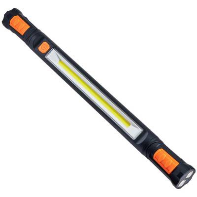 En bärbar LED-lampa i stavform med svarta och orangea accenter, lämplig för verkstäder eller nödsituationer.