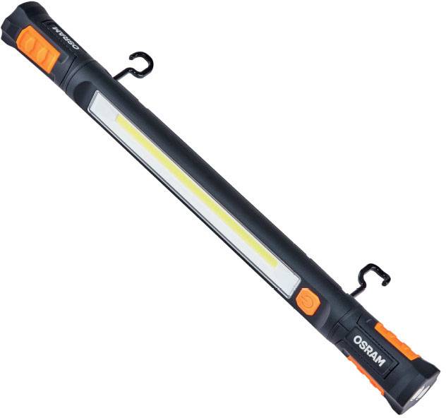 Länglig, svart LED-arbetslampa med orangea knappar, två krokar och OSRAM-logotyp på vänster sida.