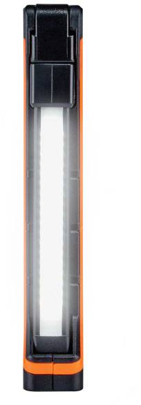 En bärbar, svart och orange LED-lampa i avlång form, perfekt för användning i trånga eller mörka utrymmen.