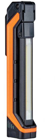 En smidig, bärbar LED-lampa med svart och orange hölje, lämplig för hantverk eller utomhusaktiviteter.