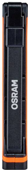 Svart och orange ficklampa med 'OSRAM'-logotyp, smal design, lämplig för portabel belysning.