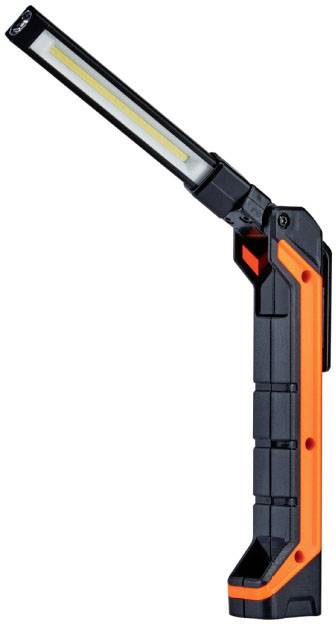 Bärbar LED-arbetslampa i svart och orange, med vikbart lamphuvud. Lämplig för verkstäder eller när du är på resande fot.