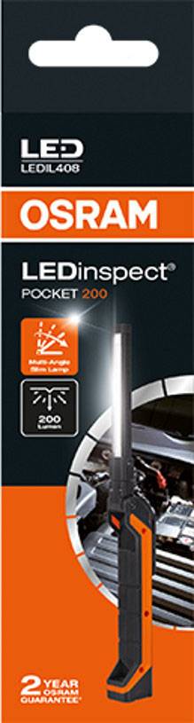 Förpackning till en Osram LEDinspect Pocket 200-lampa. Visar en svart och orange LED-pennlampa framför en öppen bilmotor.